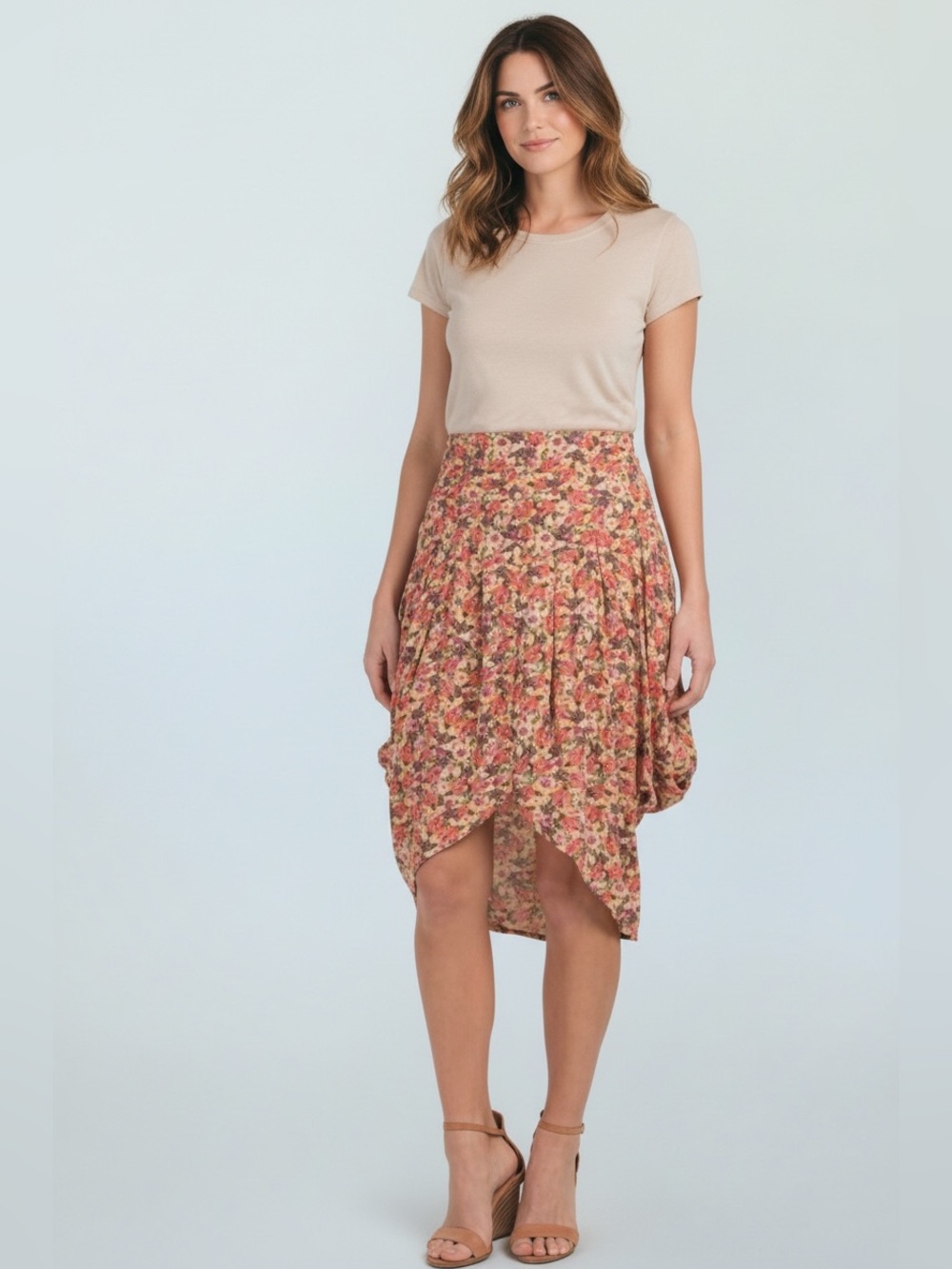 Free People Floral Print Asymmetrical Hem Midi Skirt Size 0 NEW